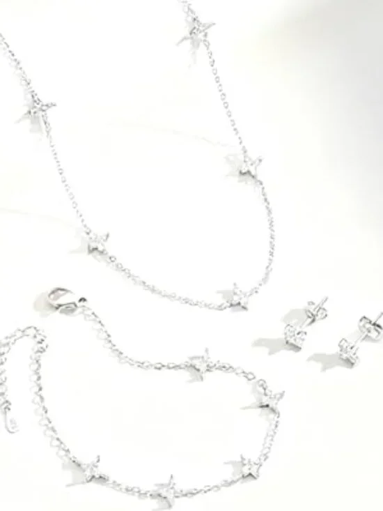 14K Silver Plated Four Leaf Bracelet Choker Necklace and Earring Jewelry Set - Picture 2 of 6